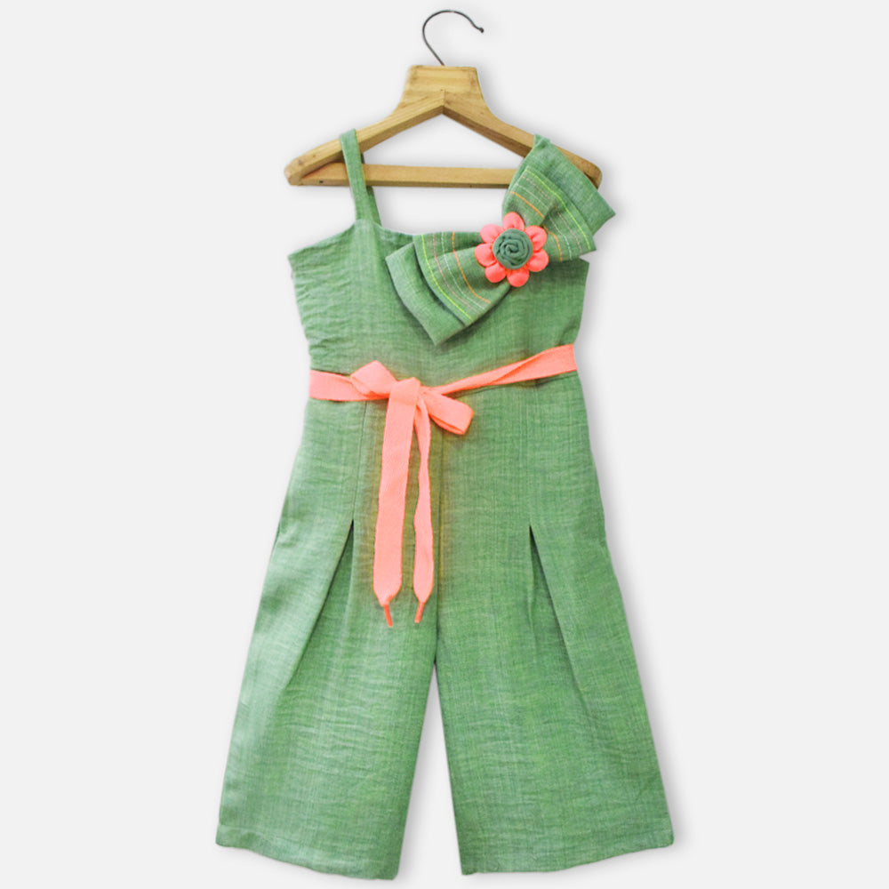 Green & Blue Sleevless Jumpsuit With Belt