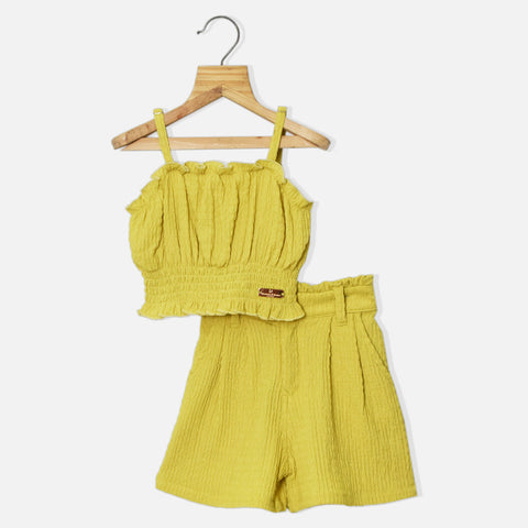 Green & Black Smocking Crop Top With Shorts Co-ord Set