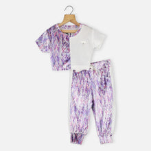 Load image into Gallery viewer, Green &amp; Purple Crop Top With Abstract Printed Joggers Pants Co-Ord Set
