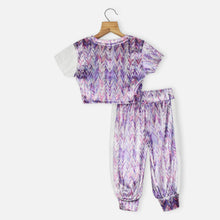 Load image into Gallery viewer, Green &amp; Purple Crop Top With Abstract Printed Joggers Pants Co-Ord Set
