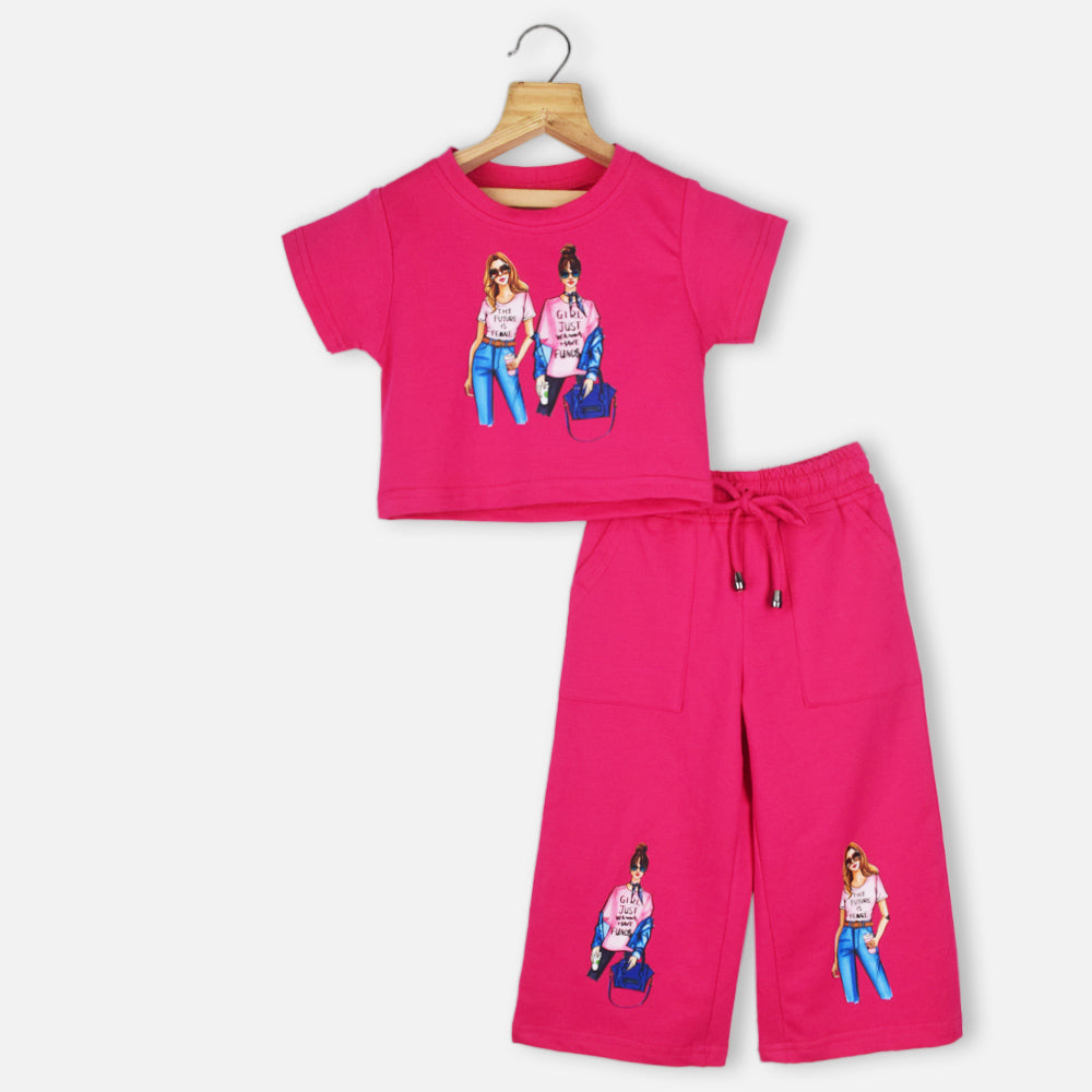 Pink Graphic Printed Half Sleeves T-Shirt With Wide Leg Pants Co-ord Set