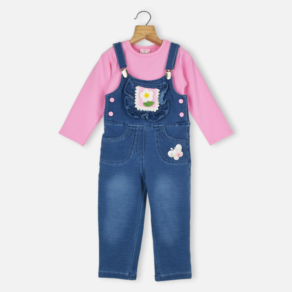 Pink Full Sleeves T-Shirt With Blue Denim Dungaree