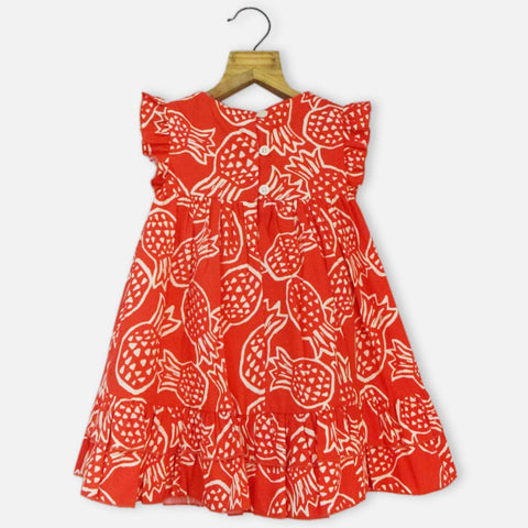 Red Pineapple Printed Frill Sleeves Dress