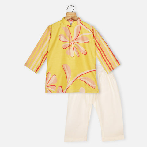 Yellow & Blue Floral Printed Kurta With Beige Pajama