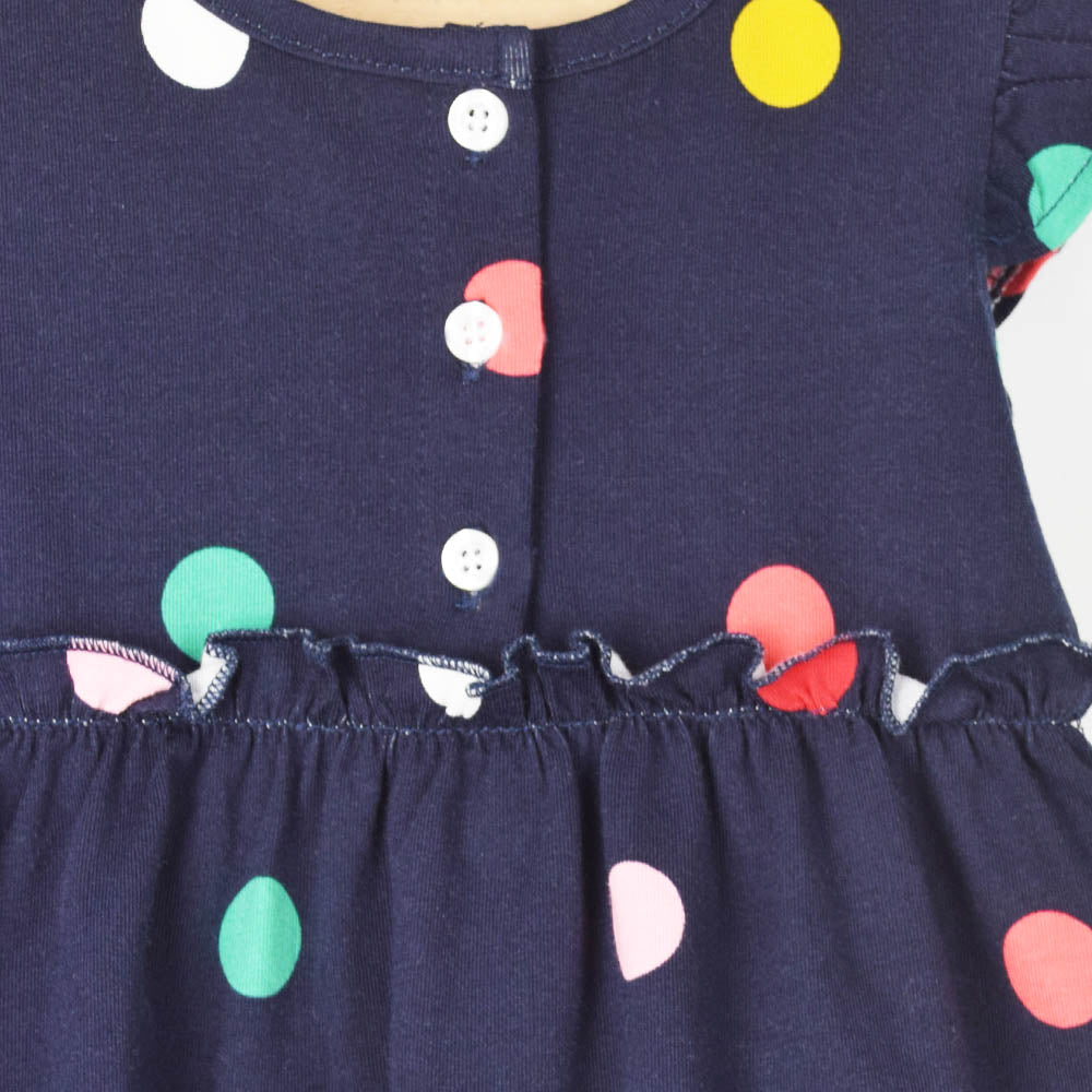 Navy Blue Polka Dots Printed Cotton Dress