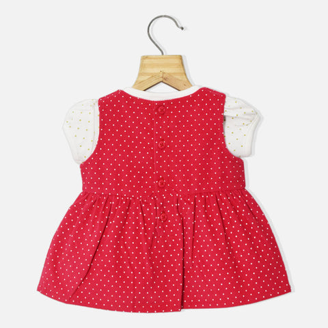 Red Polka Dots Dungaree Frock With White Top