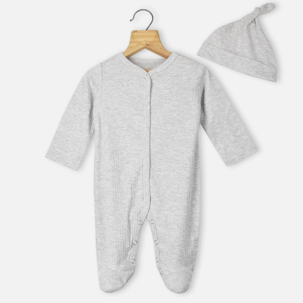 Grey Full Sleeves Cotton Footsie With Knot Hat