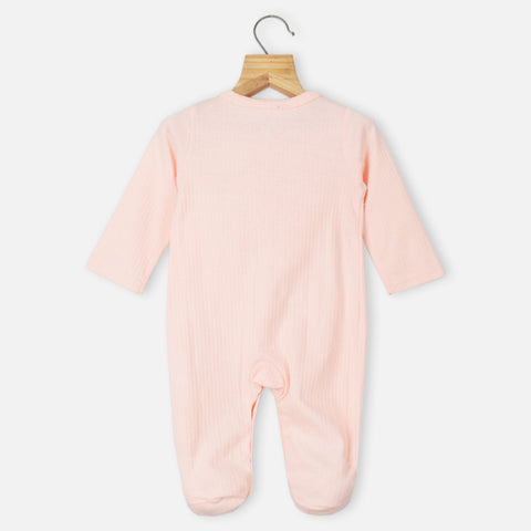 Pink Full Sleeves Cotton Footsie With Knot Hat
