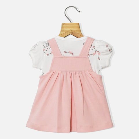 Pink Animal Theme Dungaree Frock With White Top