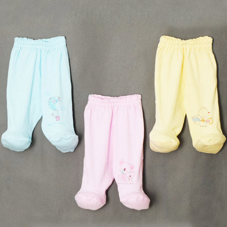 Pastel Bear Printed Cotton Bootie Leggings For Newborn- Pack Of 3