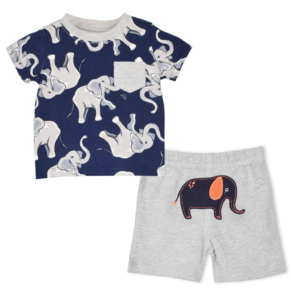 Animal Applique T-Shirt With Shorts- White & Blue