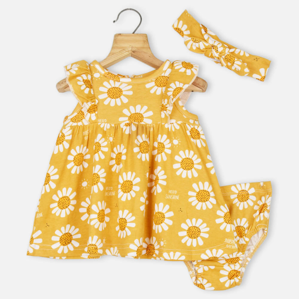Mustard Floral Printed Frock With Bloomer & Headband