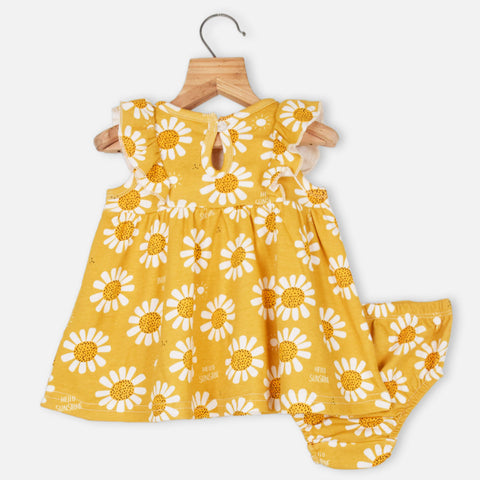 Mustard Floral Printed Frock With Bloomer & Headband