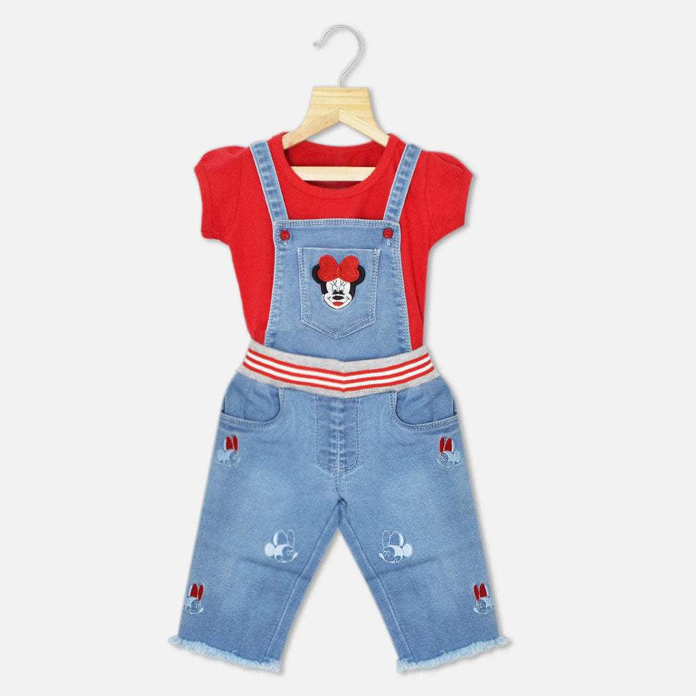 Blue Mickey Mouse Embroidered Denim Dungaree With Red Top