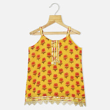 Load image into Gallery viewer, Floral Printed Sleeveless Mal Cotton Kurta With Sharara &amp; Georgette Dupatta-Yellow &amp; Grey
