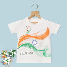 Load image into Gallery viewer, White India Salute Tricolored Printed T-Shirt For Independence Day
