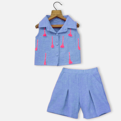 Pink & Blue Half Sleeves Top & Short Co-Ord Set