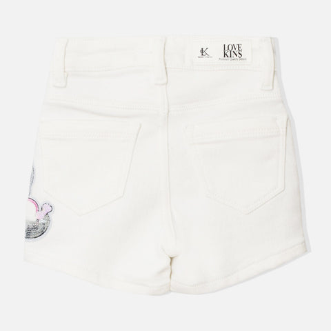 White Sequins Unicorn Patch Denim Shorts