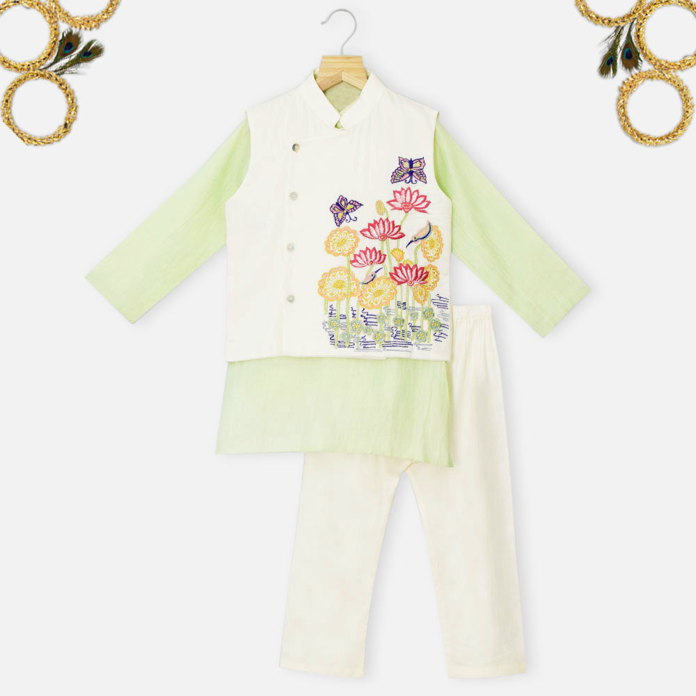 Lotus Pond Embroidered Jacket With Mint Green Kurta & Pyjama