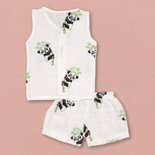 Load image into Gallery viewer, White Panda Printed Muslin Sleeveless Jabla With Shorts
