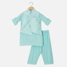 Load image into Gallery viewer, Peach &amp; Blue Sequins Embroidered Nehru Jacket With Kurta &amp; Pajama
