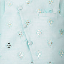 Load image into Gallery viewer, Peach &amp; Blue Sequins Embroidered Nehru Jacket With Kurta &amp; Pajama
