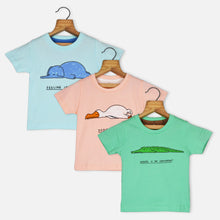 Load image into Gallery viewer, Animal Theme Half Sleeves T-Shirt- Peach, Blue &amp; Green
