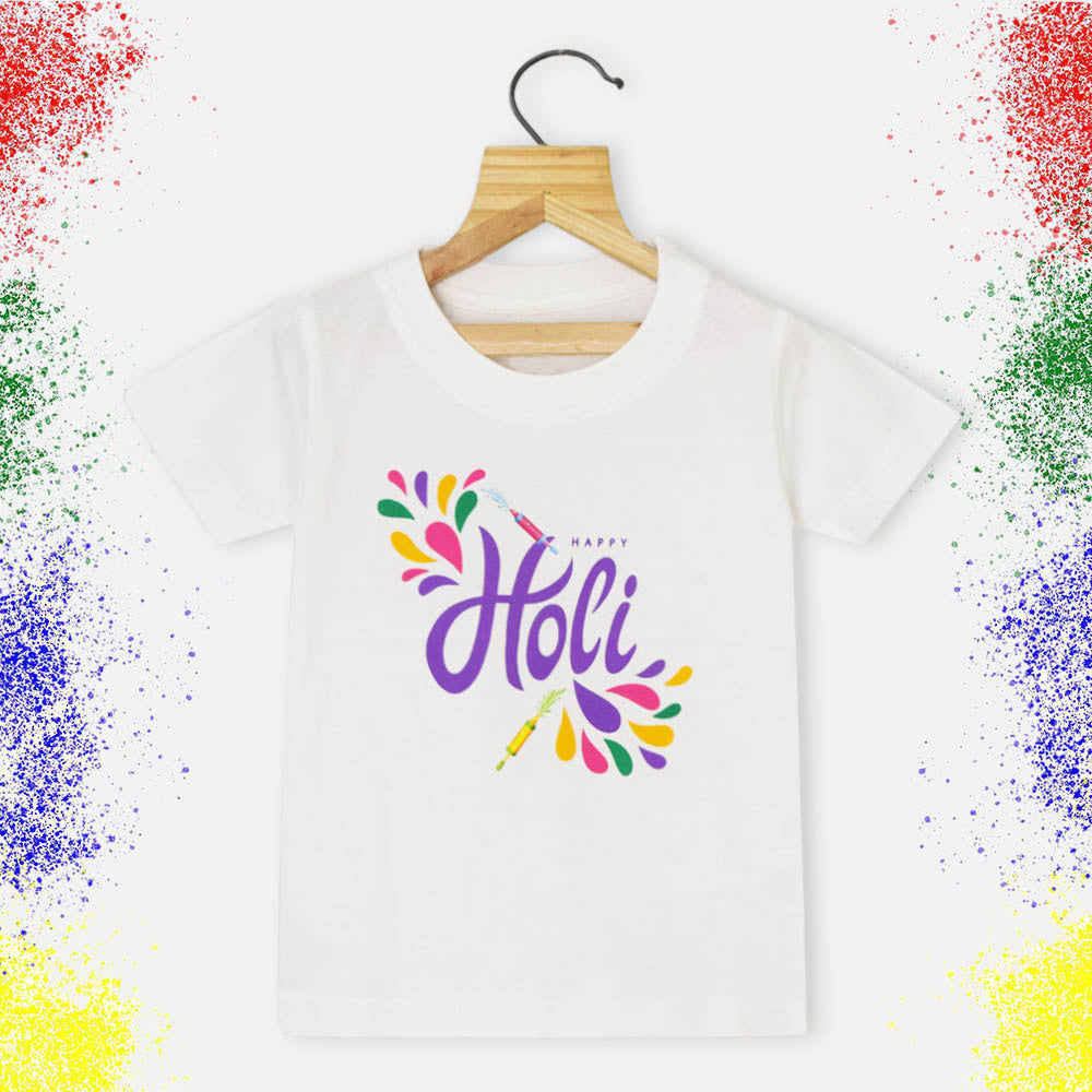 White Happy Holi Theme Half Sleeves T-Shirt