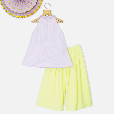 Lilac Thread With Pearl Embroidered Halter Neck Kurta With Yellow Palazzo