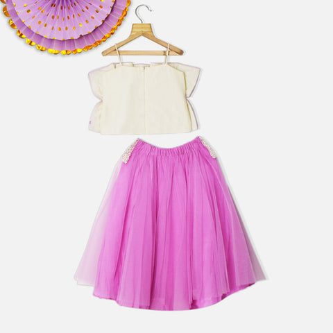 Pearl Embellished Ruffled Crop Top & Pink Net Skirt