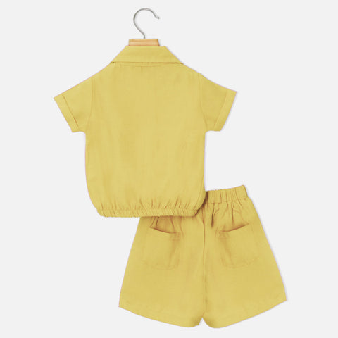 Yellow Collar Neck Crop Top With Shorts Co-Ord Set