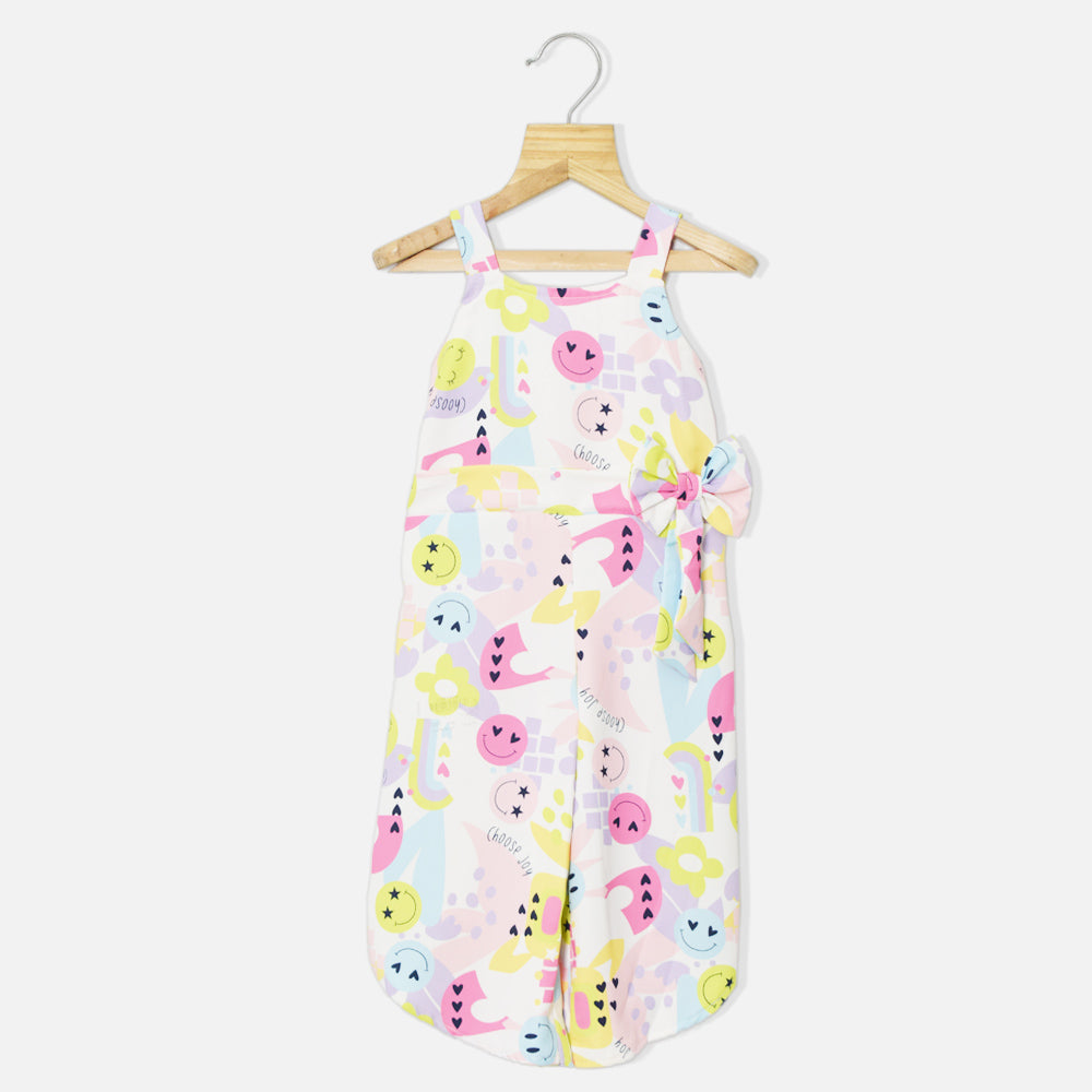 White Smiley Printed Sleeveless Jumpsuit