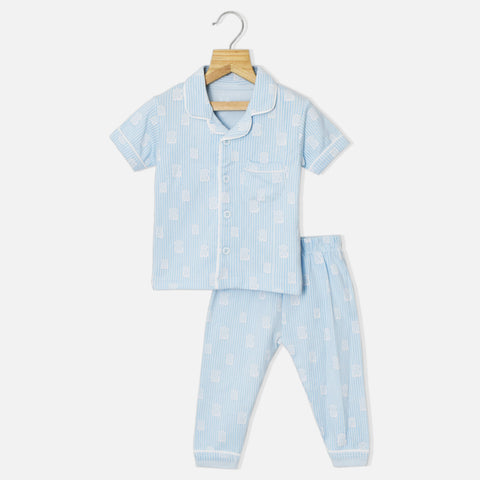 Grey & Blue Striped Printed Short Sleeves Cotton Night Suit
