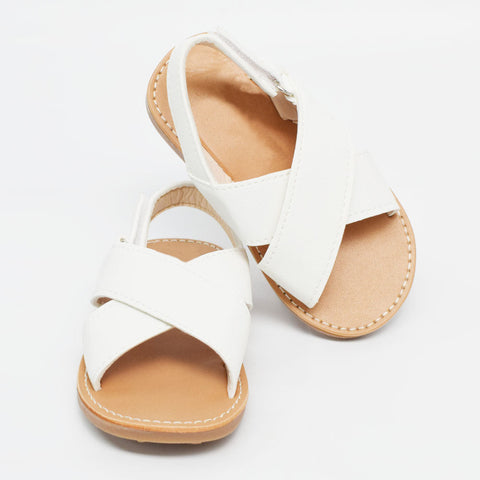 White & Brown Leather Cross Strap Sandals