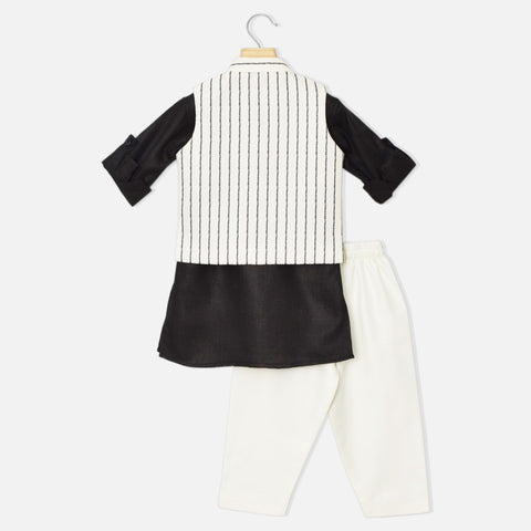 Black Kurta With Striped Nehru Jacket & Pajama