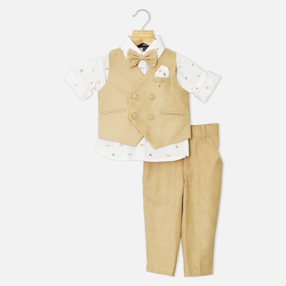 White Graphic Printed Shirt With Beige Waistcoat And Pant Set