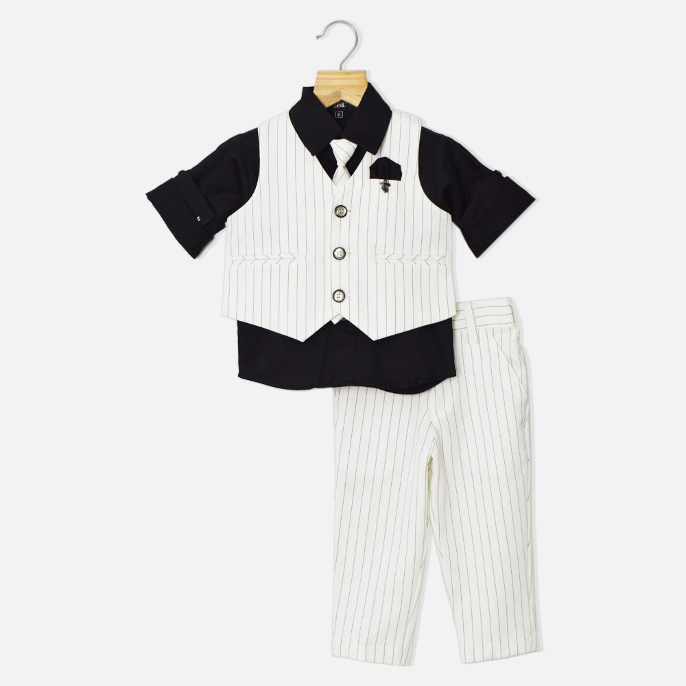 Black Shirt With White Striped Waistcoat And Pant Set