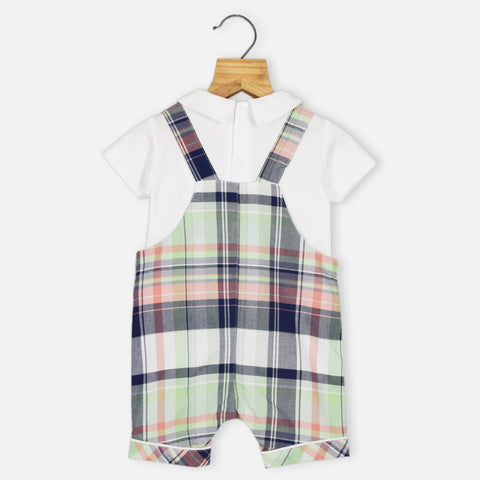 Green Cotton Checked Dungaree With White T-Shirt