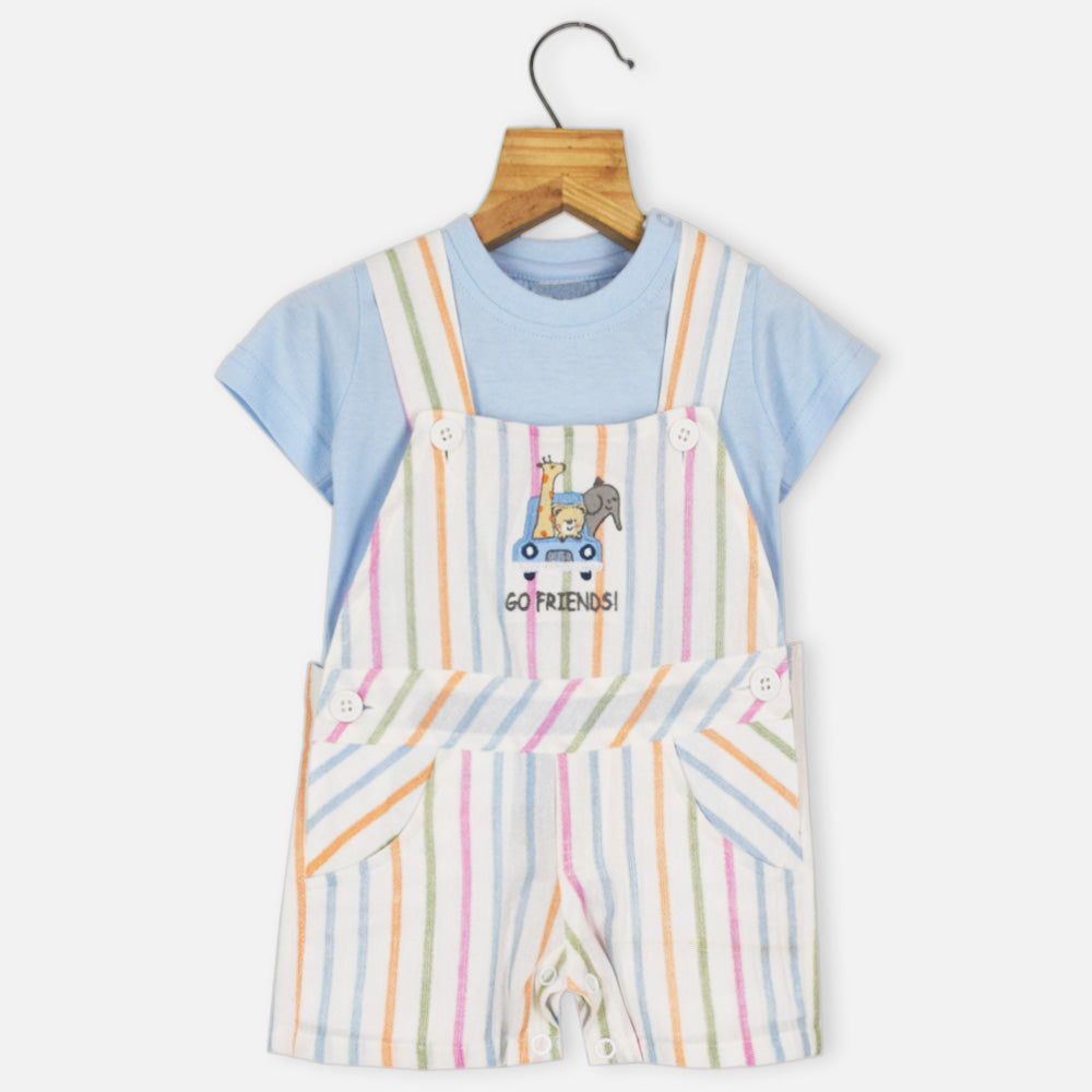 White Cotton Striped Dungaree With Blue Half Sleeves T-Shirt