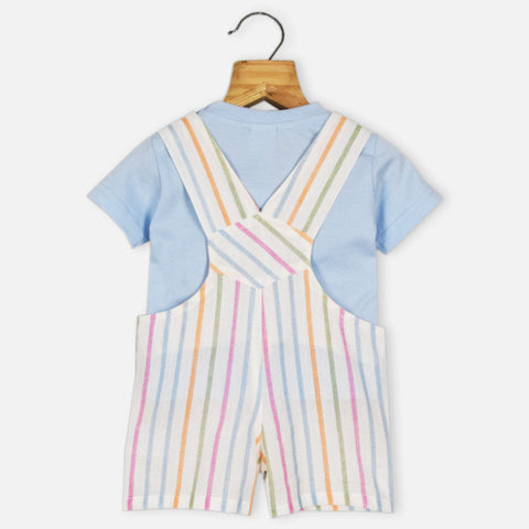 White Cotton Striped Dungaree With Blue Half Sleeves T-Shirt