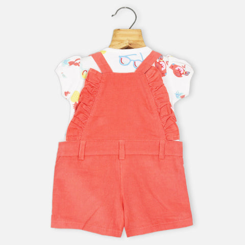 Orange Embroidered Corduroy Dungaree With White T-Shirt
