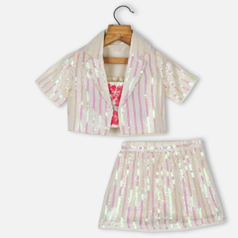 Sequins Blazer With Skirt & Floral Embellished Crop Top- Off White & Lavender