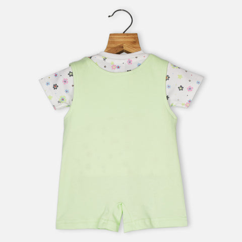 Green Applique Dungaree Romper With White Floral T-Shirt