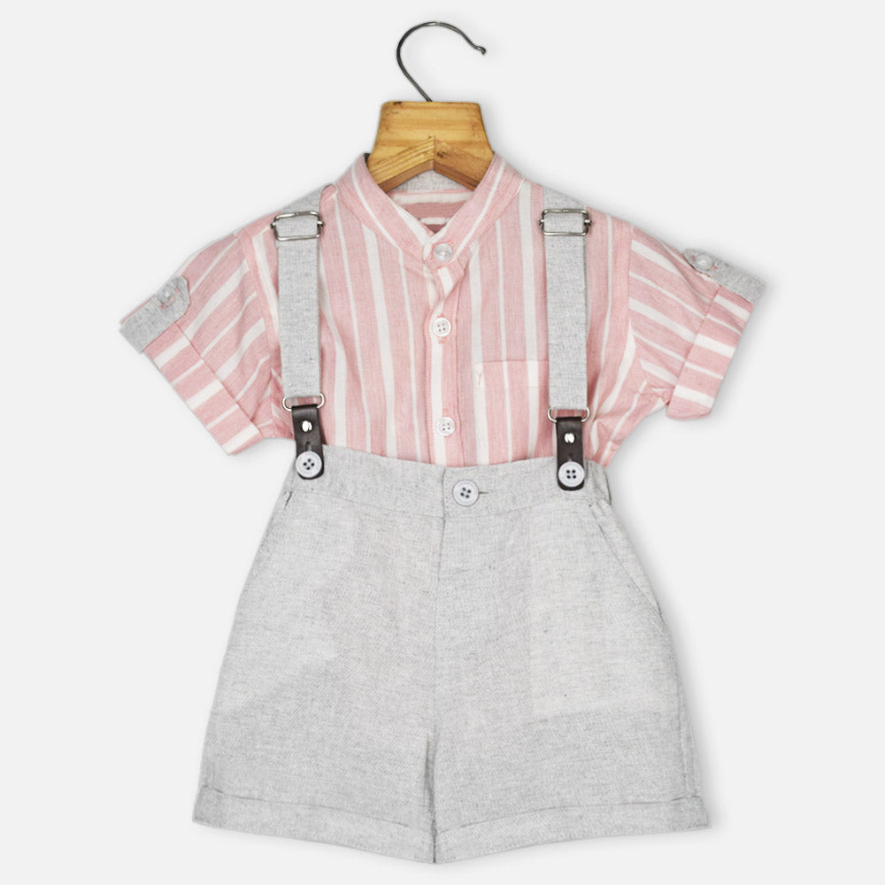 Pink Striped Printed Shirt And Shorts With Suspender Set