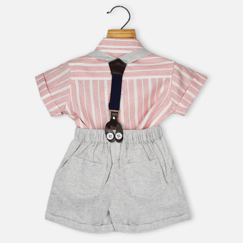 Pink Striped Printed Shirt And Shorts With Suspender Set