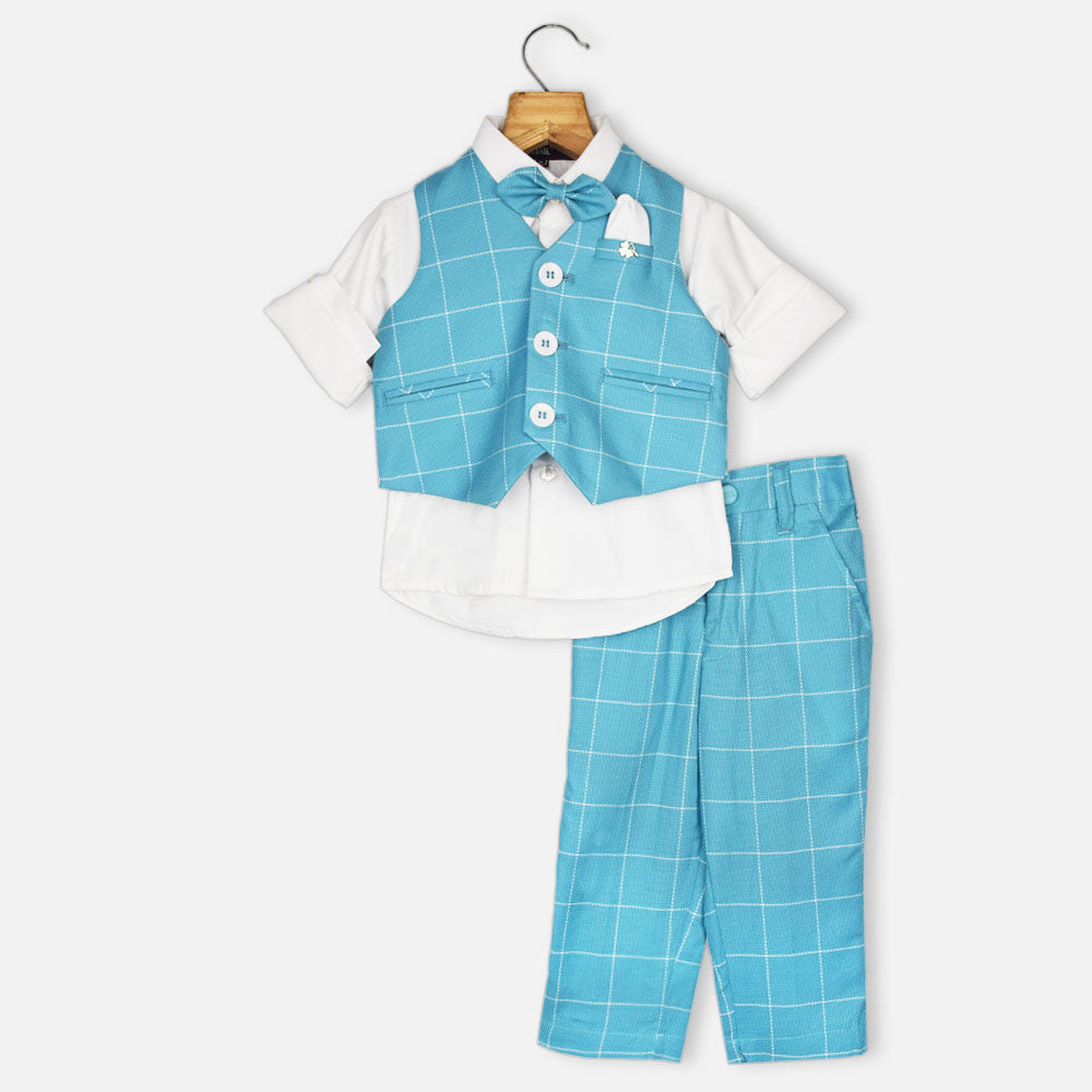 Blue Checked Printed Waistcoat With White Shirt & Pant