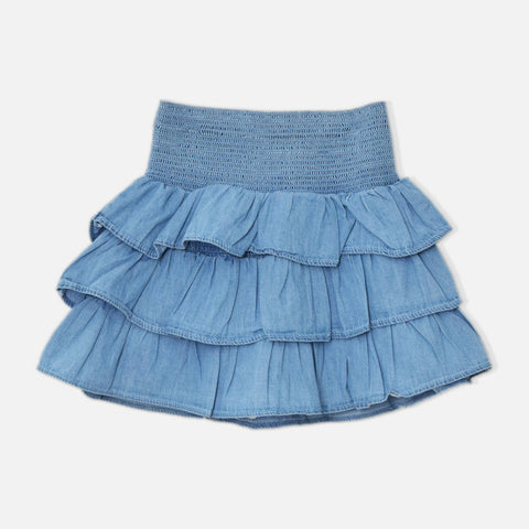 Blue Bow Embellished Layered Denim Skirt
