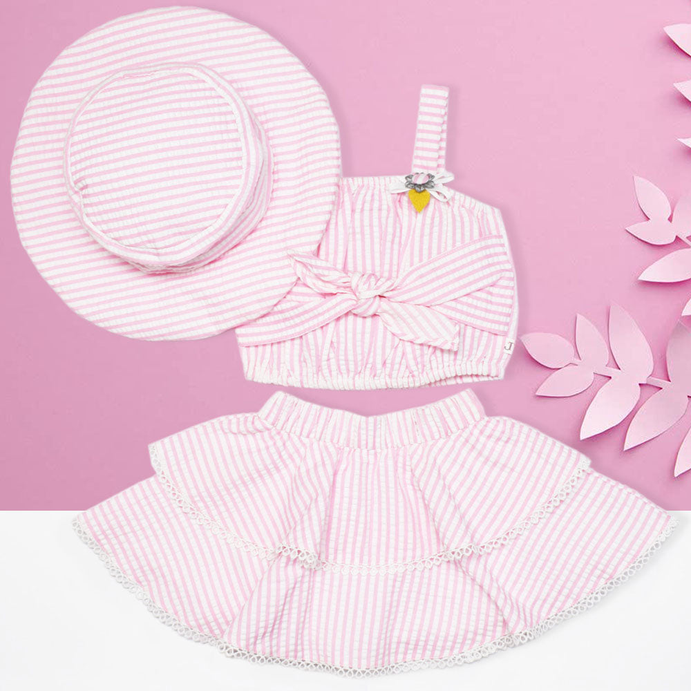 Pink Striped Skirt & Top With Hat Co-Ord Set