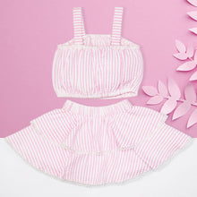 Load image into Gallery viewer, Pink Striped Skirt And Top With Hat
