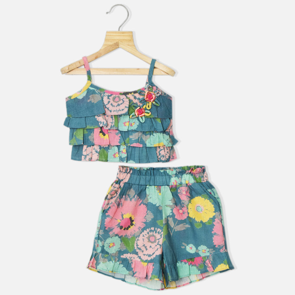 Turquoise Layered Crop Top With Shorts Co-Ord Set